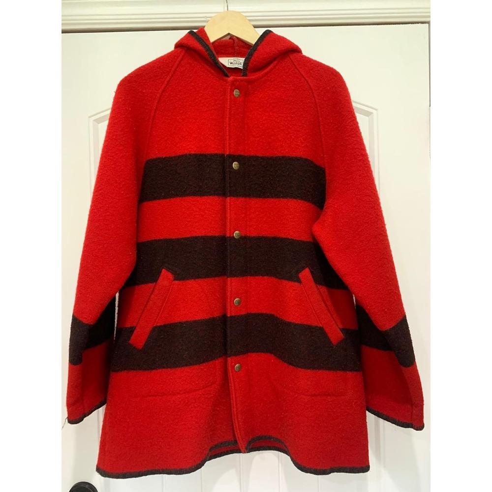 Vintage Woolrich Woman Red Black Striped Wool Hooded Coat Jacket Large USA Made
